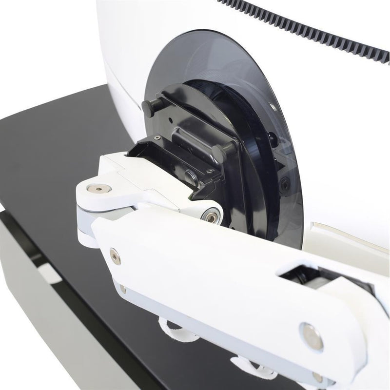 Detailed view of Ergotron HX tilt mechanism showing white finish and black components