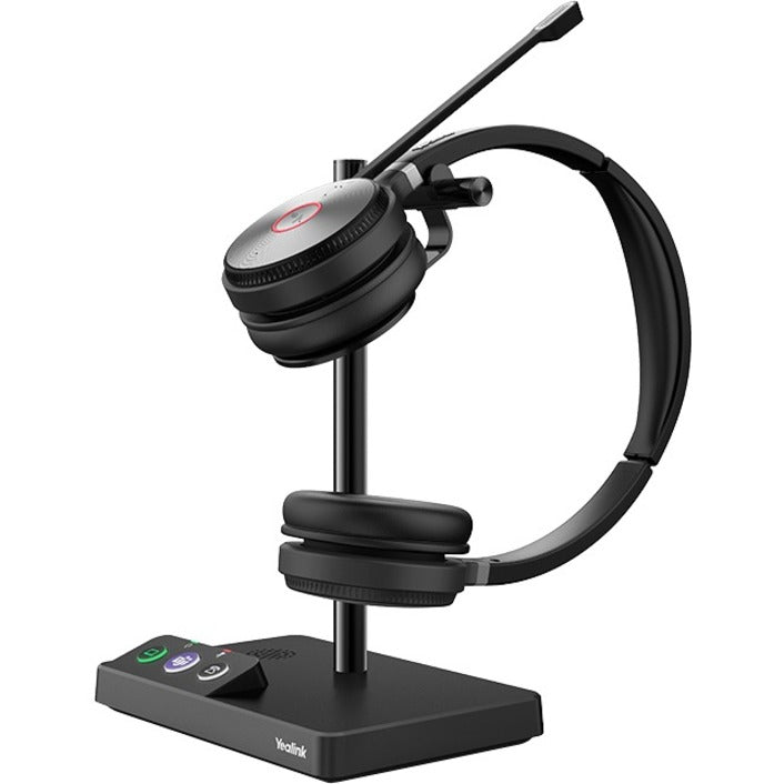 Yealink WH62 Dual Teams headset mounted on black charging base station with LED indicators-alternate-image1