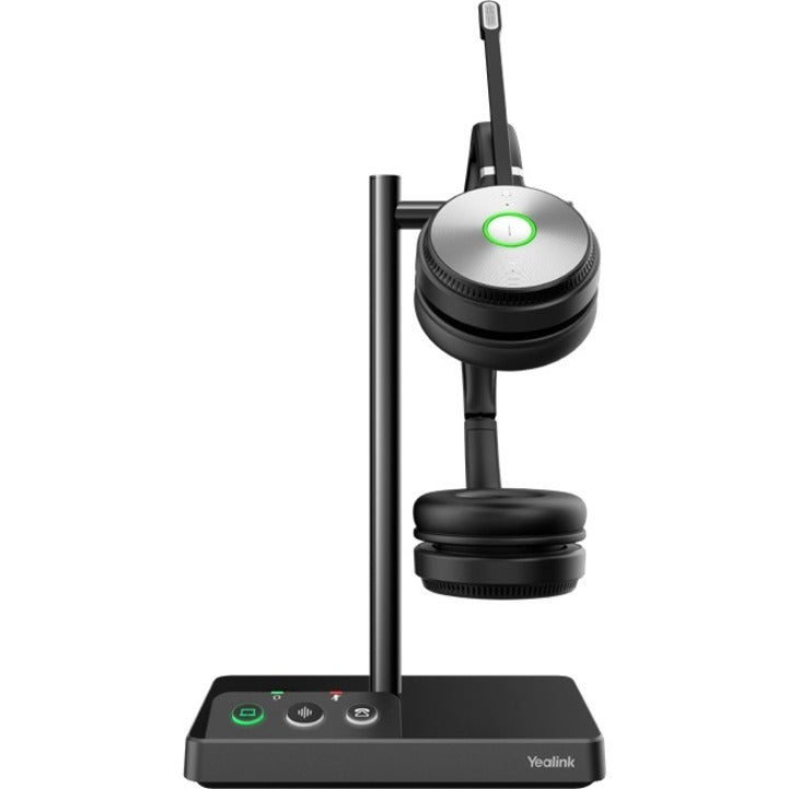 Yealink WH62 Dual Teams headset on charging stand with illuminated status indicators-alternate-image3