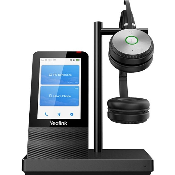 Yealink WH66 base station with touchscreen display and wireless headset on charging stand-alternate-image1