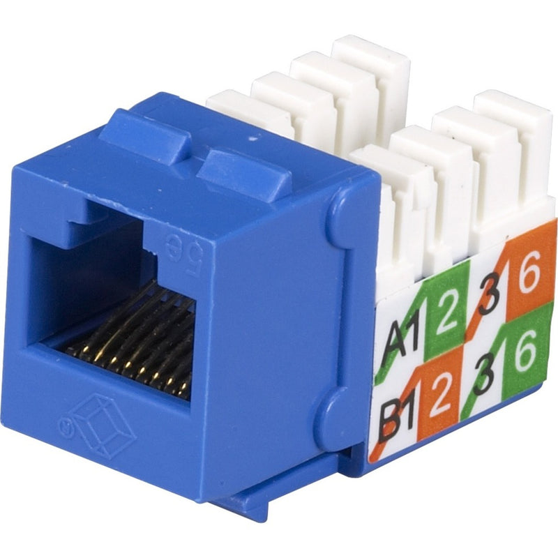 Blue Cat 5e network jack with gold-plated contacts and color-coded T568A/B wiring scheme indicators