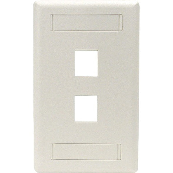 White dual-socket network faceplate with vertical port orientation and labeling windows