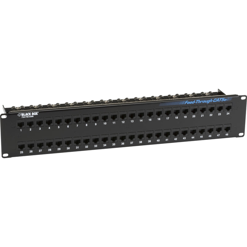 Front view of Black Box 48-port CAT5e feed-through patch panel showing numbered ports in two rows