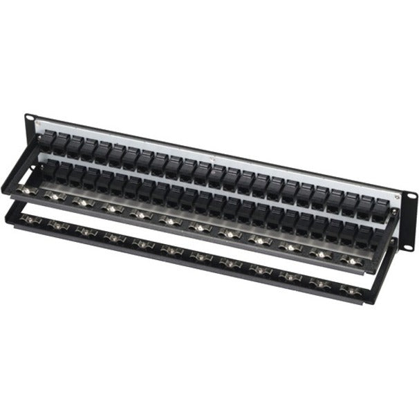 Angled view of Black Box CAT5e patch panel showing feed-through design and cable management features