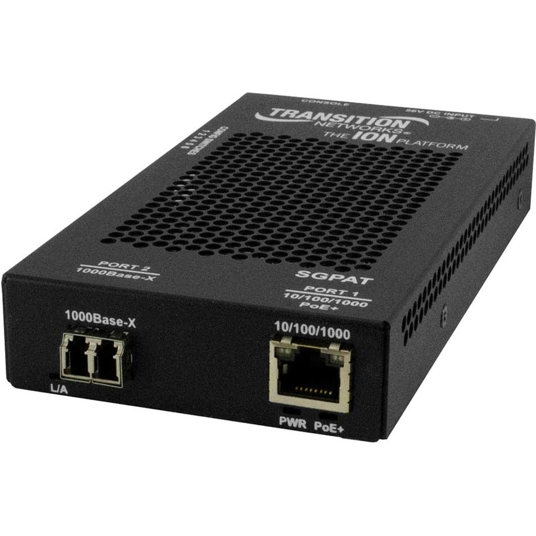 Transition Networks SGPAT1039-105 media converter showing dual ports - fiber optic LC and PoE+ RJ-45 interfaces with ventilated black metal housing-alternate-image1