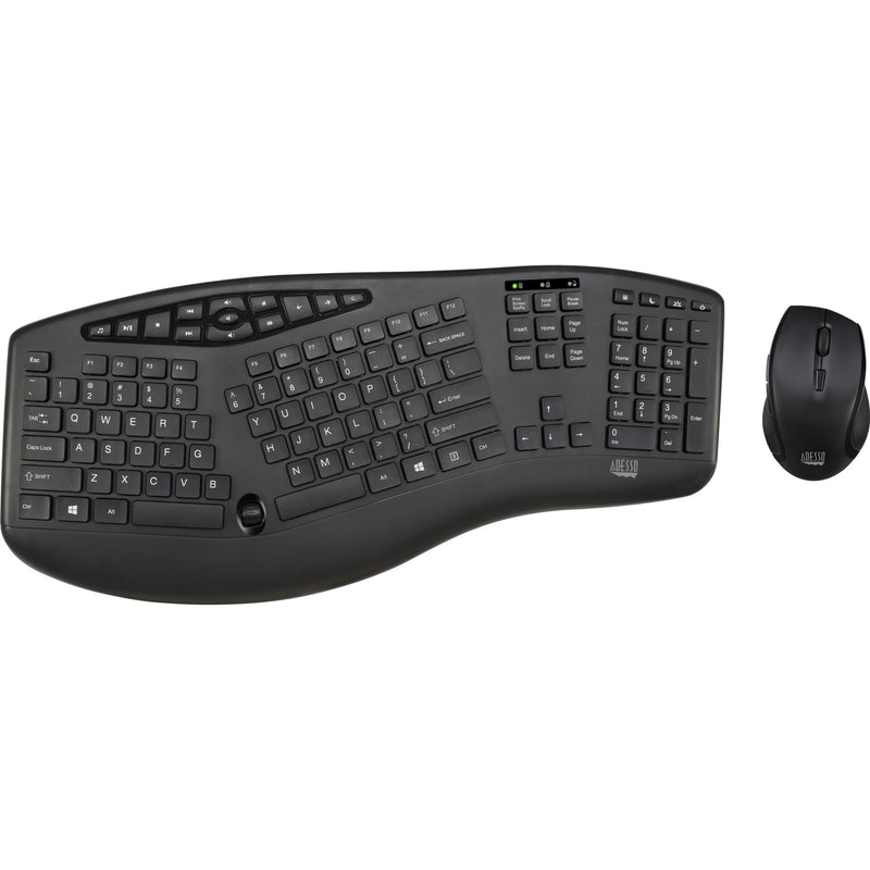 Front view of Adesso TruForm wireless ergonomic keyboard and mouse combo