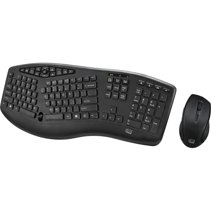 Angled view of ergonomic keyboard and mouse showing curved design