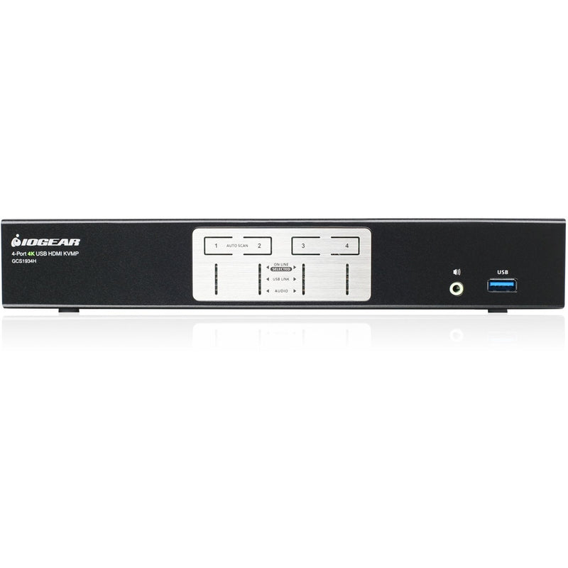 Front view of IOGEAR 4K KVMP switch showing control panel and USB port