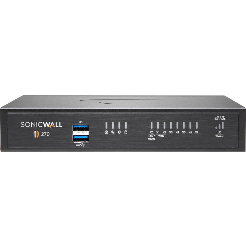 Front view of SonicWall TZ270 firewall showing 8 Gigabit Ethernet ports, USB interface, and LED status indicators on black chassis