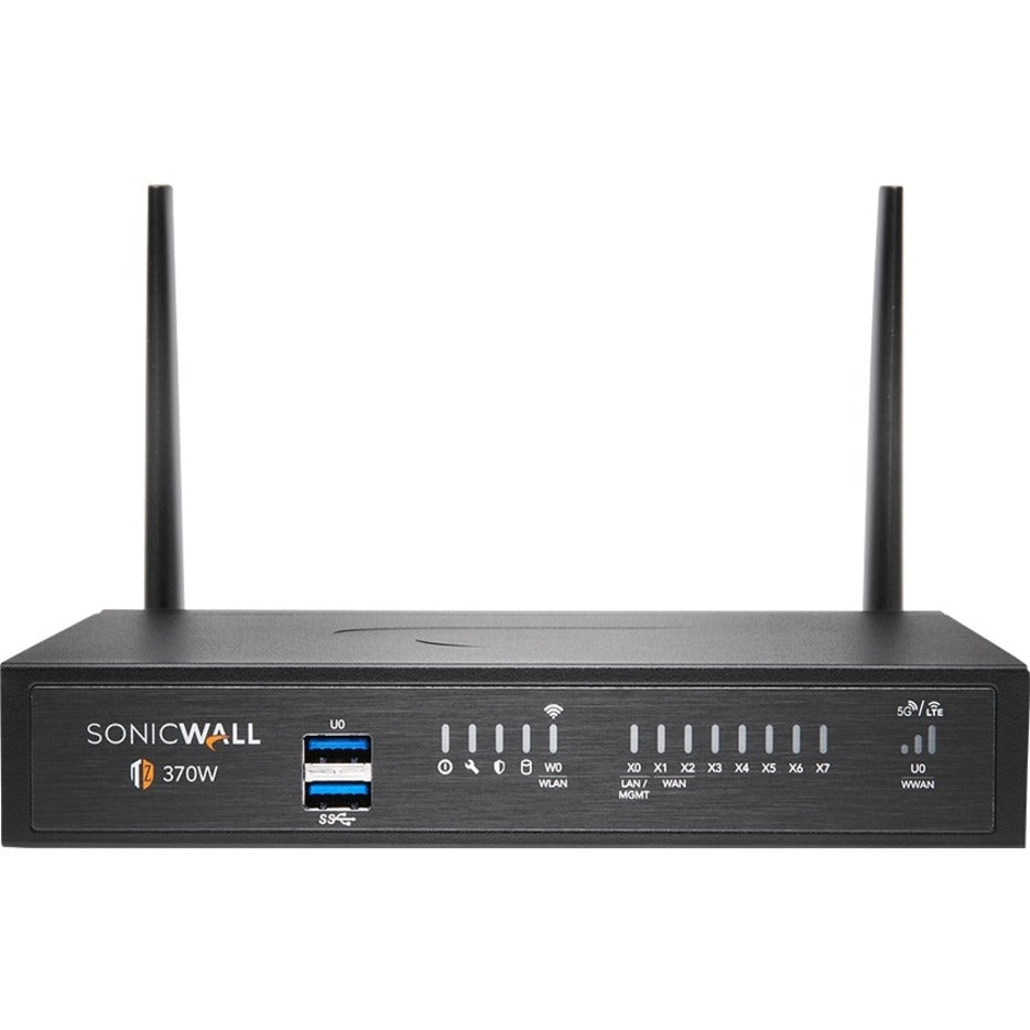 Front view of SonicWall TZ370W security appliance showing 8 Ethernet ports, dual USB ports, LED indicators, and dual wireless antennas-alternate-image1