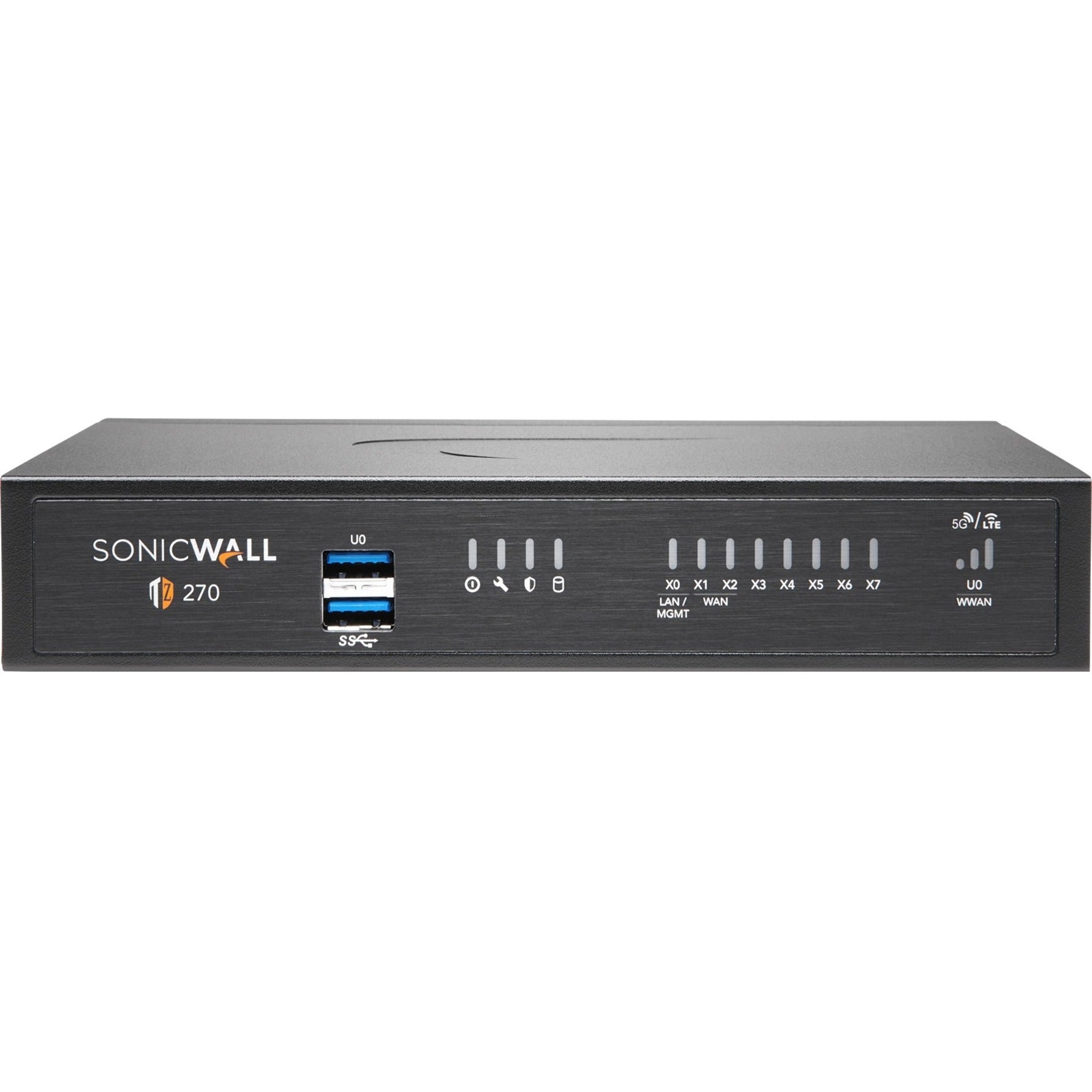 Front view of SonicWall TZ270 network security appliance showing 8 Gigabit ports, USB interfaces, and LED status indicators-alternate-image1