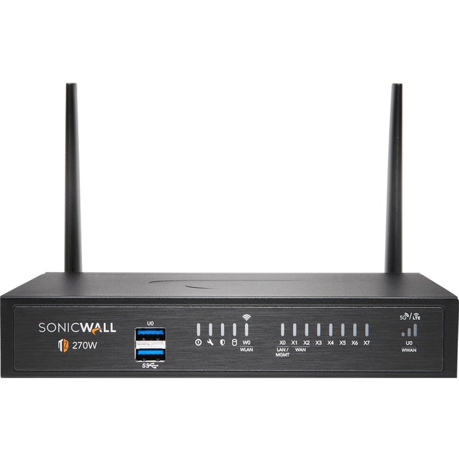 Front view of SonicWall TZ270W security appliance showing dual antennas, USB ports, and multiple Gigabit Ethernet ports with status LEDs-alternate-image1