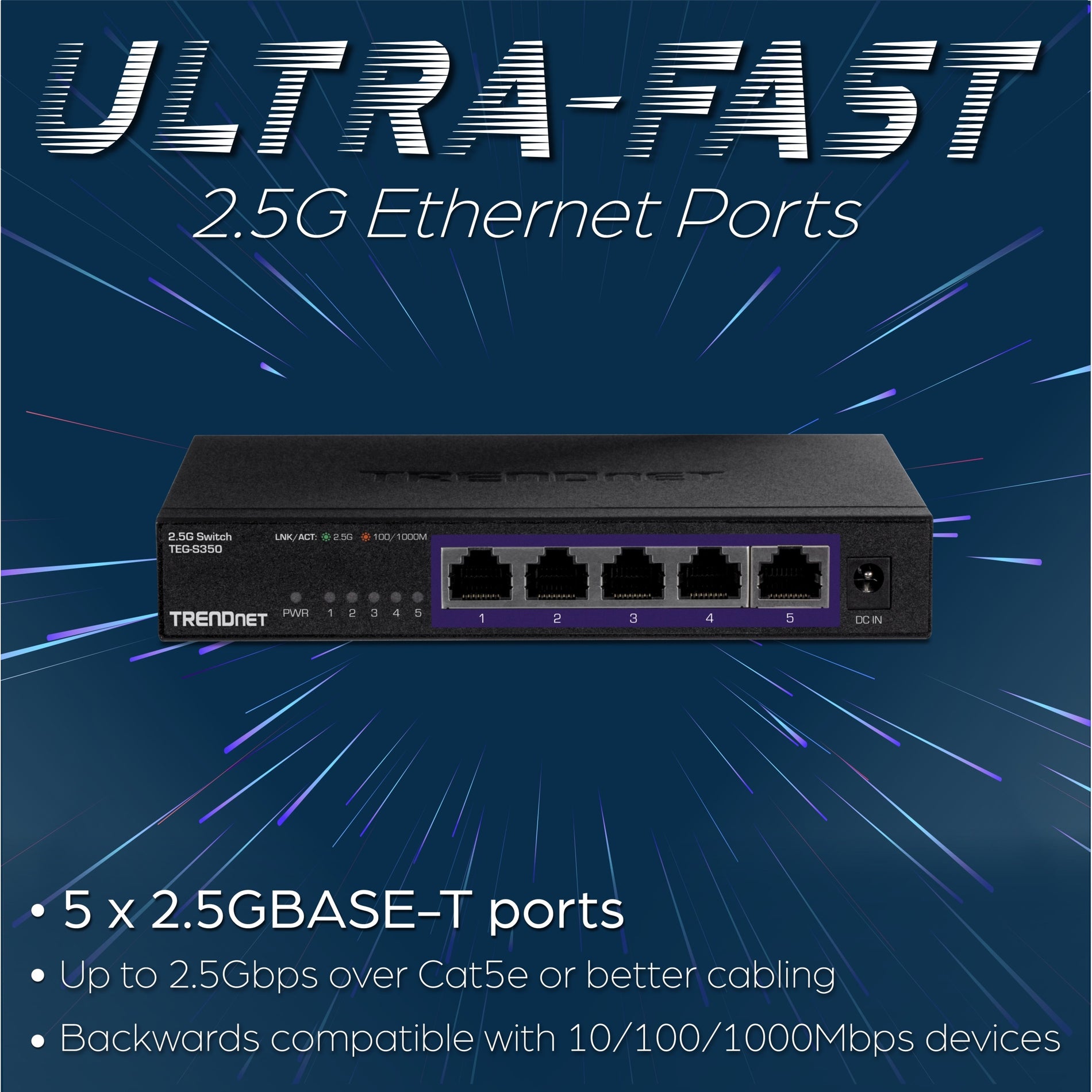 TRENDnet 5-Port 10G Switch, 5 x 10G RJ-45 Ports, 100Gbps Switching  Capacity, Supports 2.5G and 5G-BASE-T Connections, Lifetime Protection,  Black