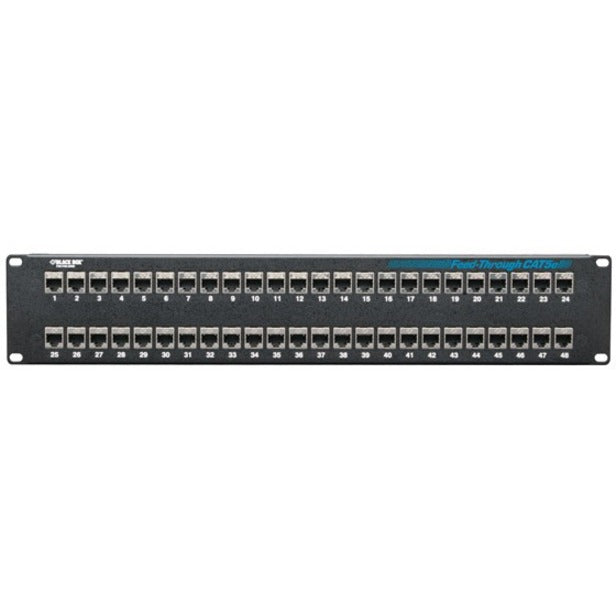 Black Box 48-port CAT5e shielded feed-through patch panel with numbered ports in 2U rack mount configuration