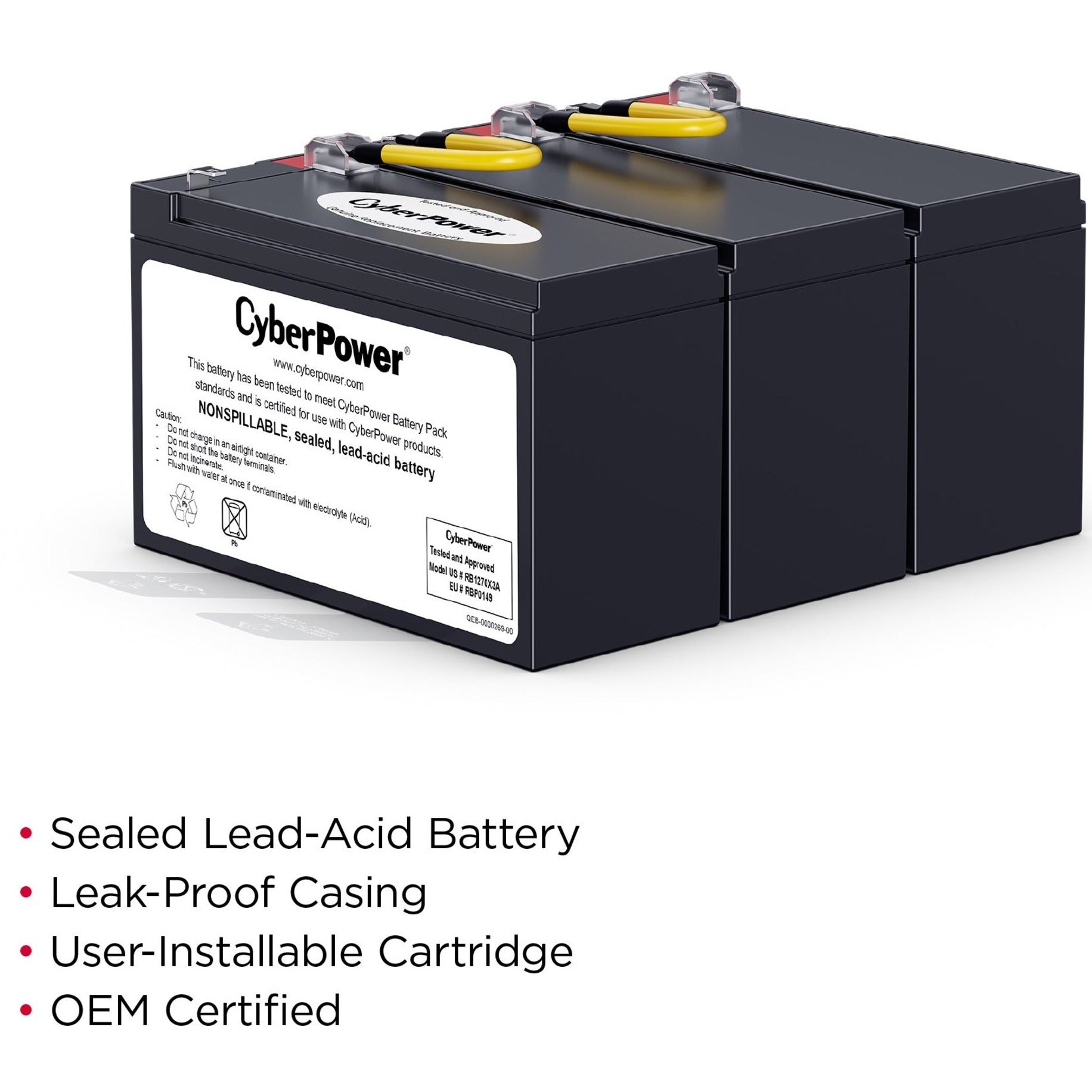 CyberPower RB1270X3A UPS Battery Pack, 12V DC, 7000mAh, Lead Acid, Leak Proof/User Replaceable, Sealed