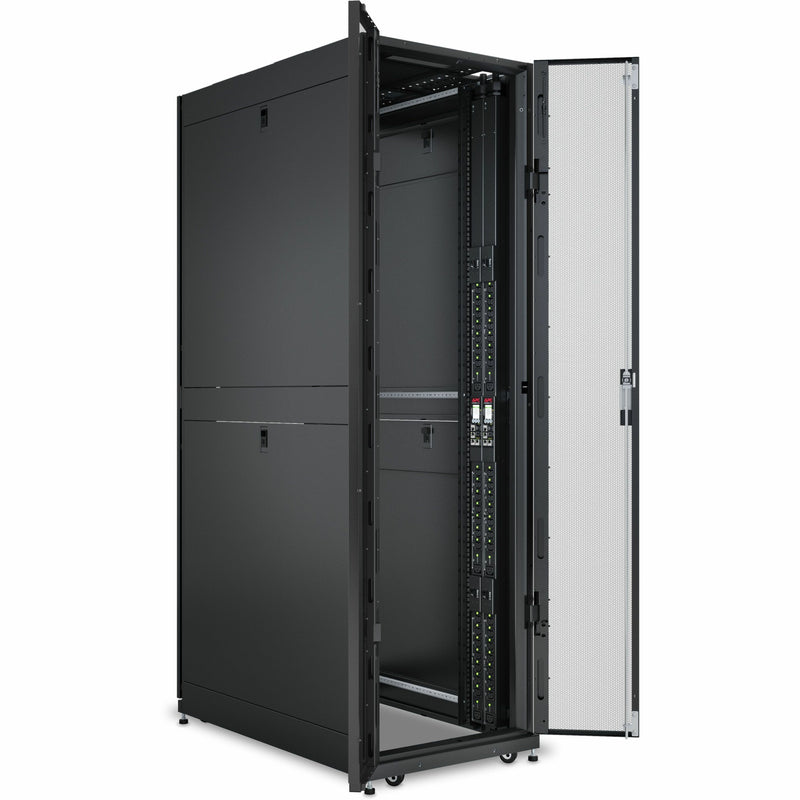 Full view of NetShelter rack cabinet with installed PDU system