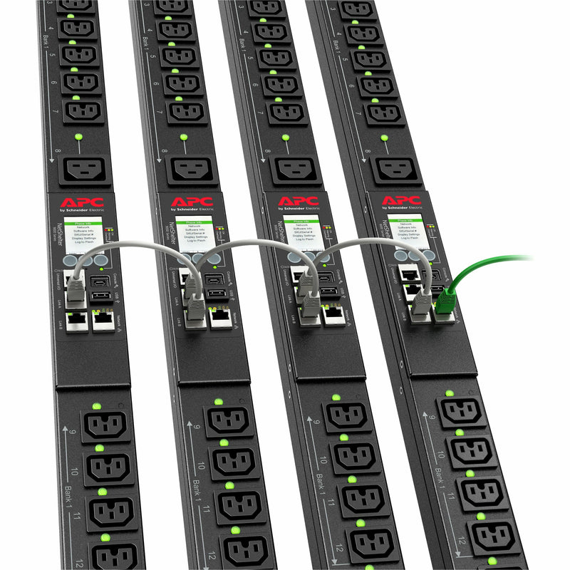 APC NetShelter 9000 series PDU showing multiple C13/C15 and C19/C21 outlets with LED indicators and network management interface