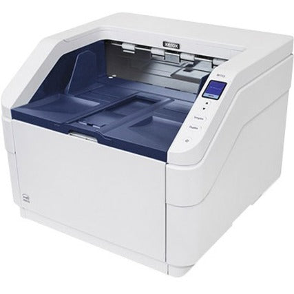 Xerox XW110-A production scanner in white with blue paper tray and LCD display panel, showing ADF feeder and output tray configuration