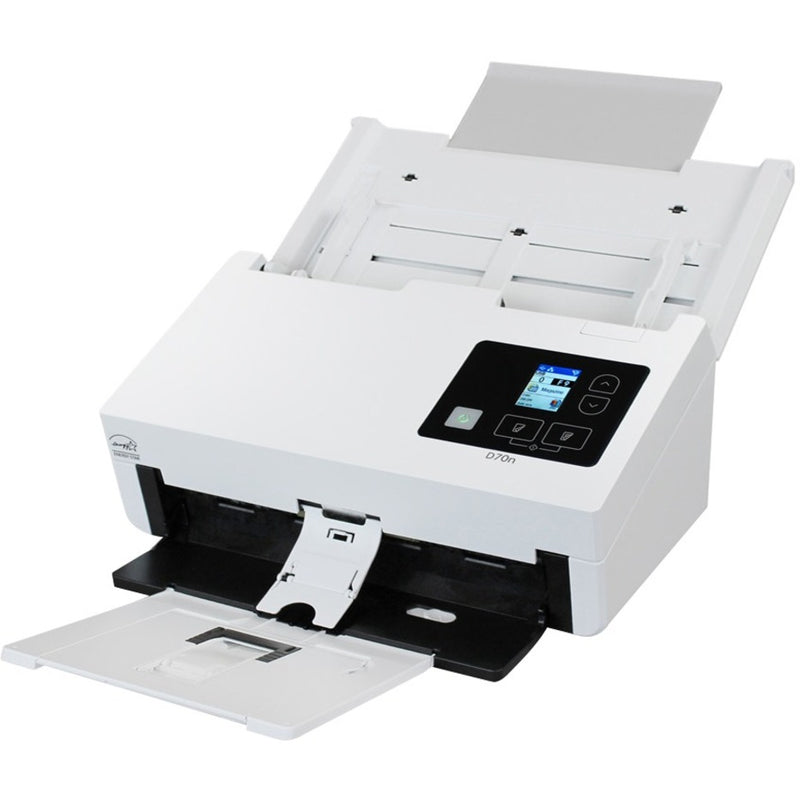 Front view of Xerox D70n Scanner showing LCD display panel, document feeder, and output tray