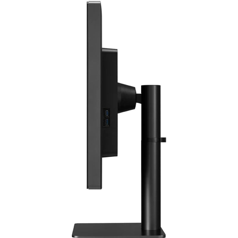 Side profile of LG medical monitor showing USB ports and adjustable stand mechanism