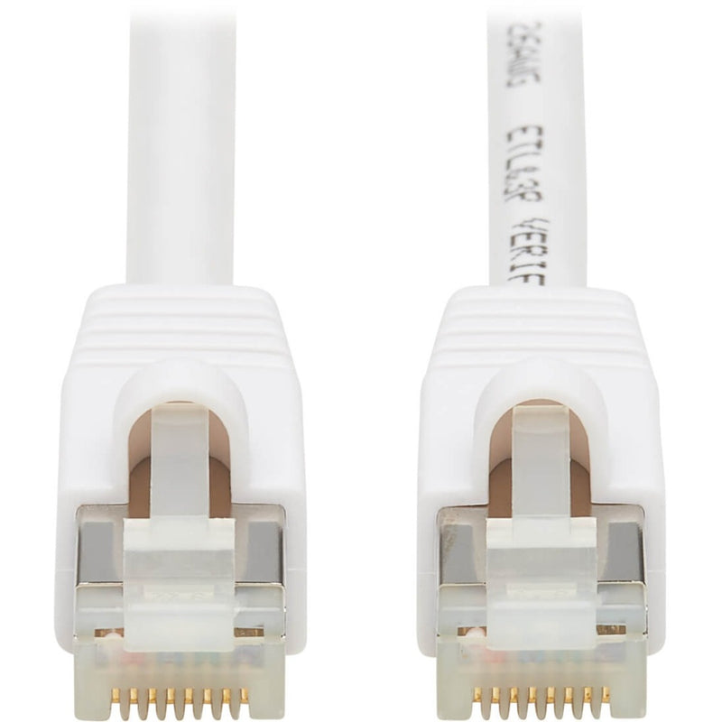 Close-up view of white RJ45 connectors with gold-plated contacts and snagless design