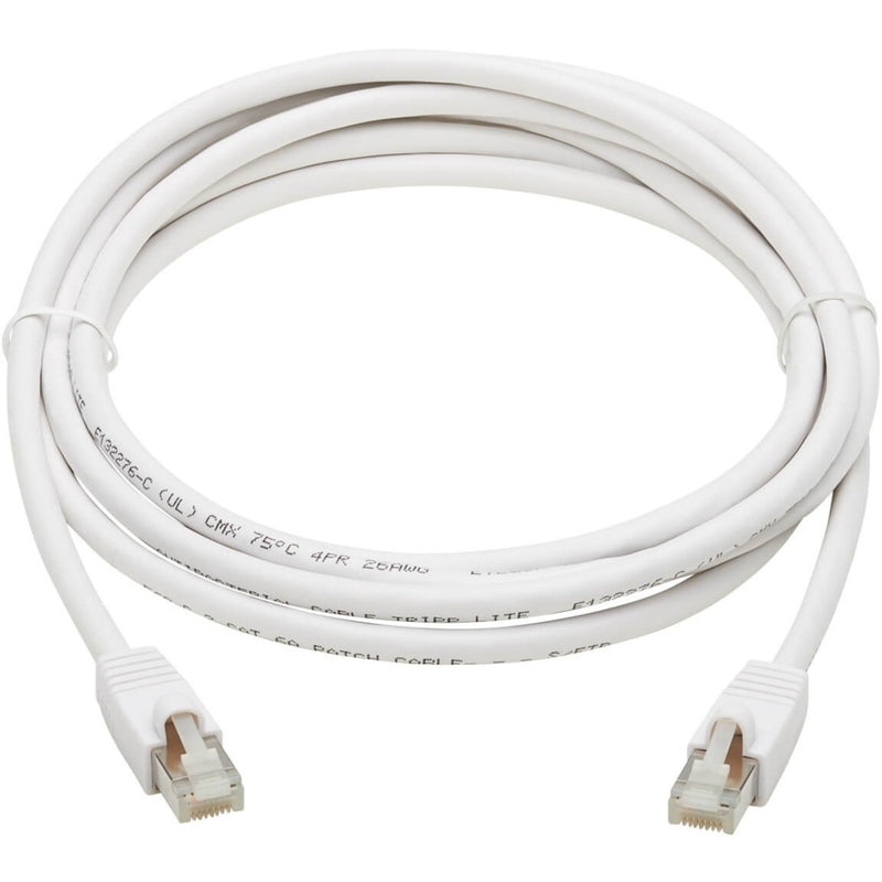 Full view of 10-foot white Cat6a ethernet cable with RJ45 connectors