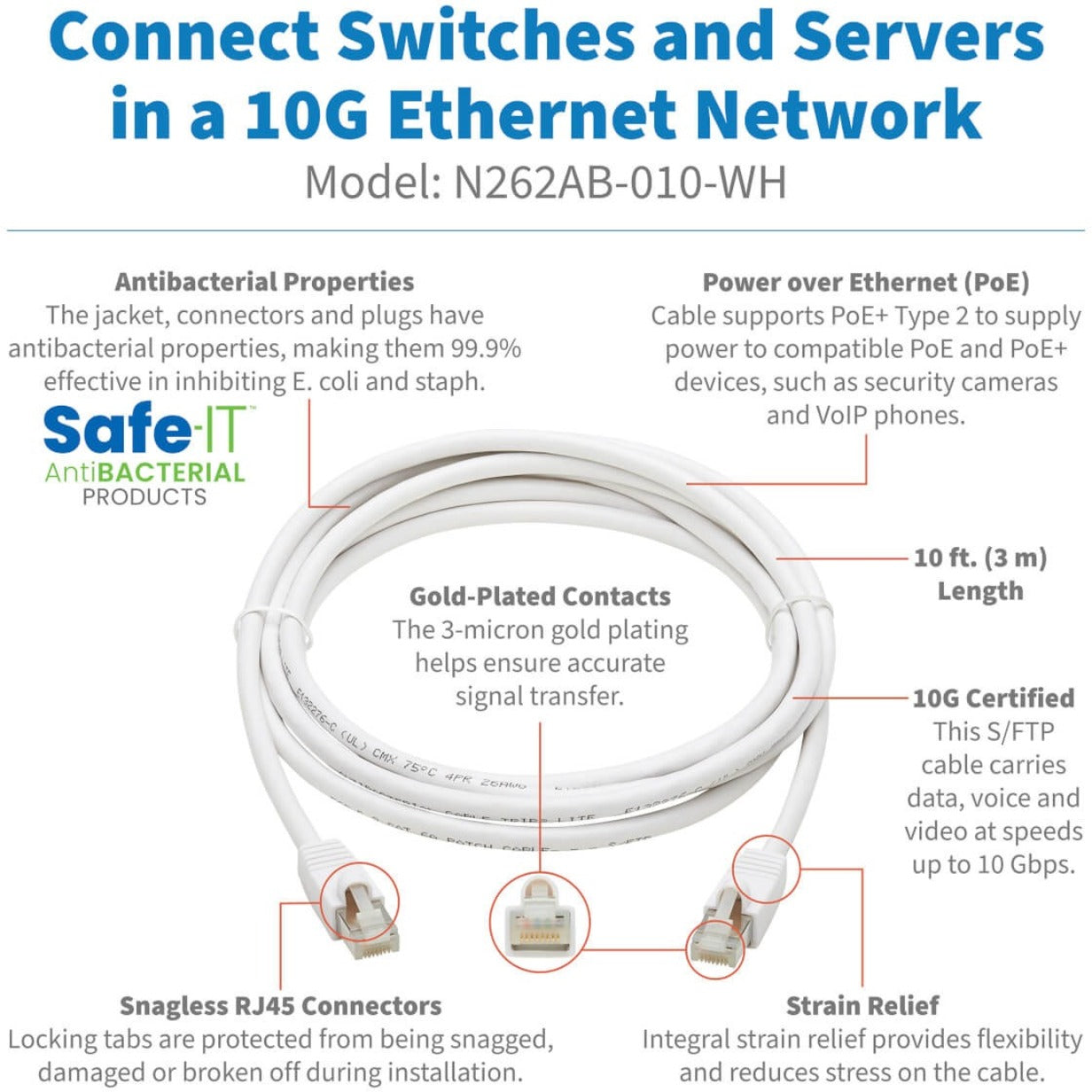 Tripp Lite N262AB-010-WH Cat.6A S/FTP Network Cable, 10 ft, Antibacterial, Snagless, White