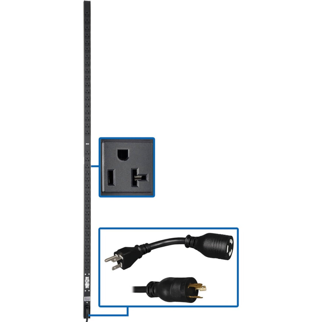 Vertical PDU showing 36 NEMA outlets and power cord connection with adapter-alternate-image1