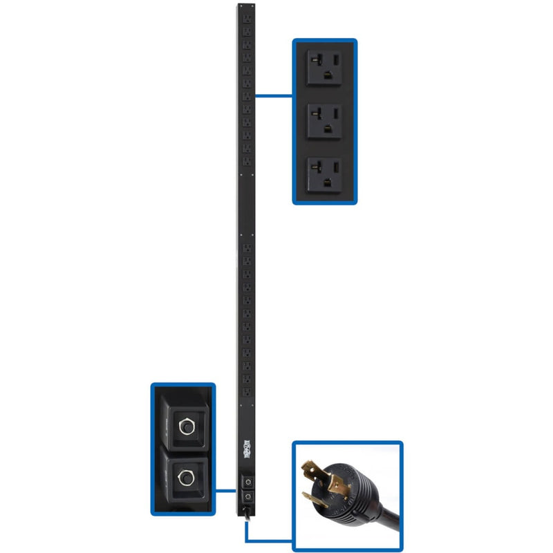 Vertical PDU showing 24 NEMA outlets with close-up of outlet configuration and power input