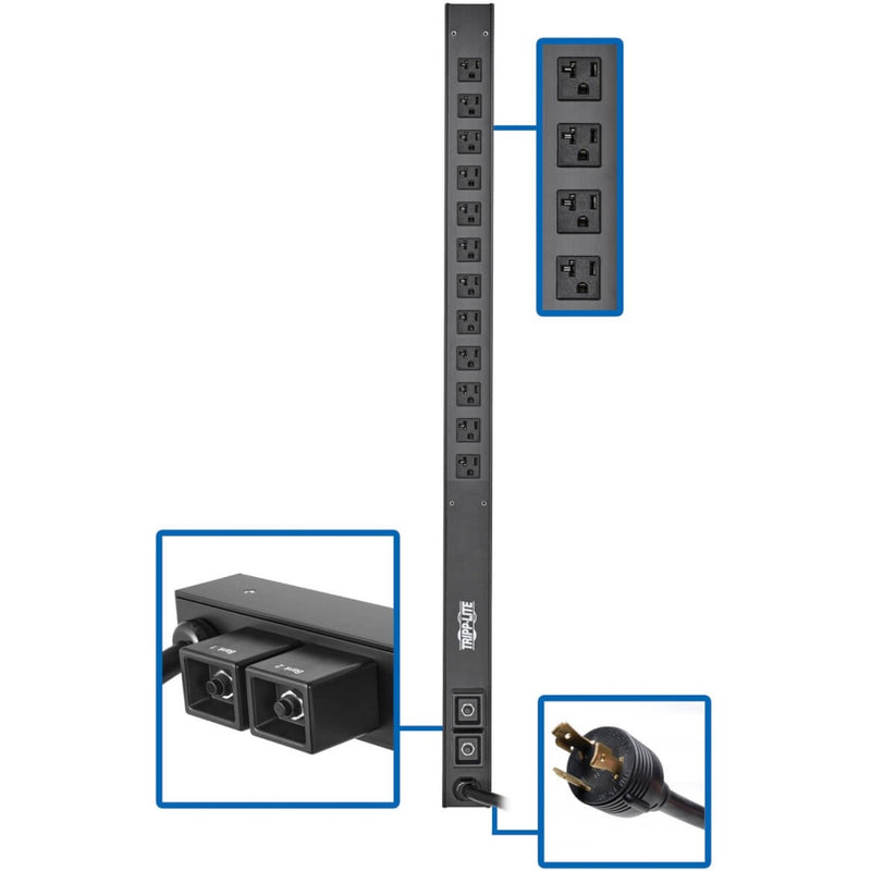 Front view of Tripp Lite PDUV30-36 PDU showing 12 outlets arranged in two banks with circuit breakers and L5-30P input plug