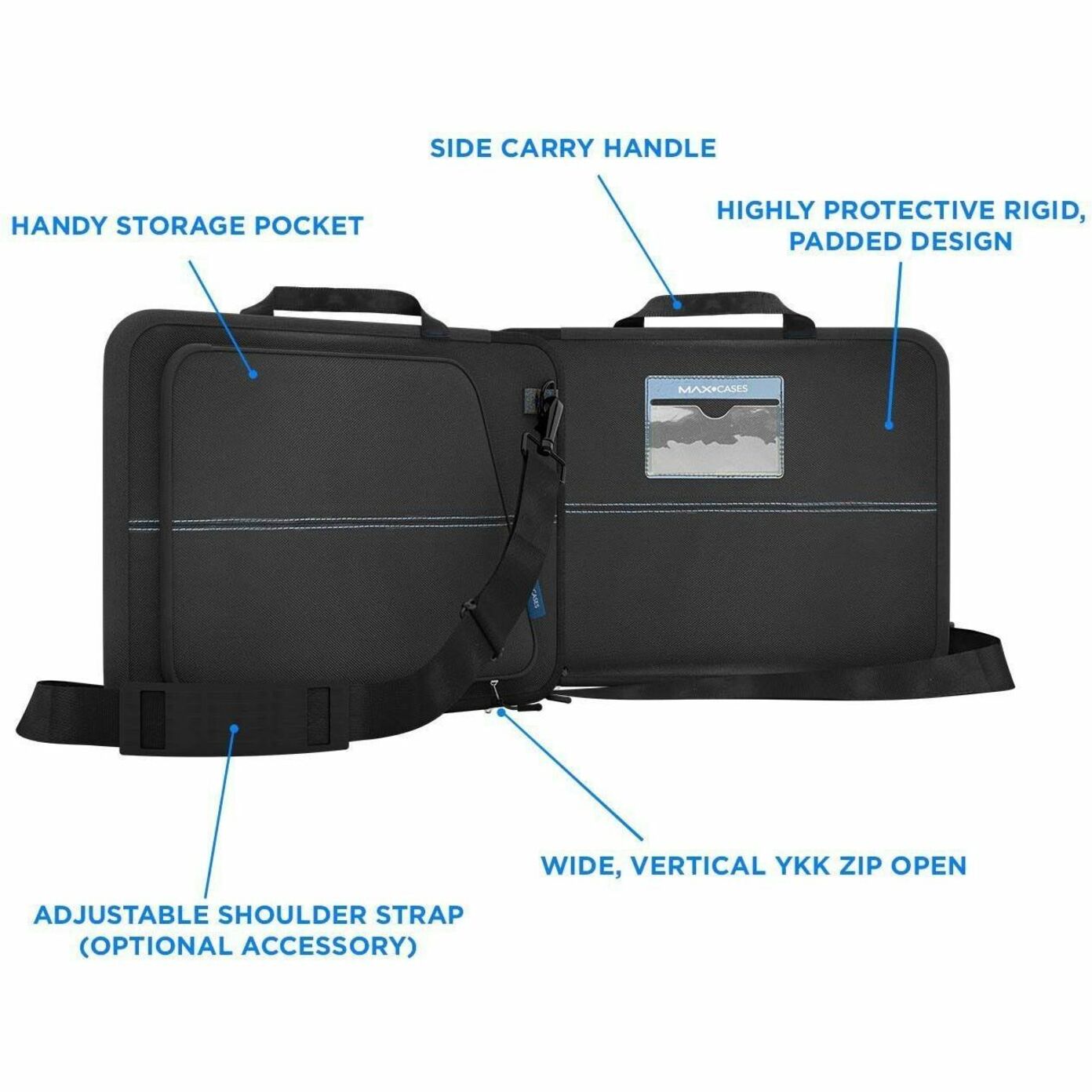 Labeled diagram showing key features of the MAXCases Slim Sleeve including storage pocket, handle, and zipper-alternate-image2