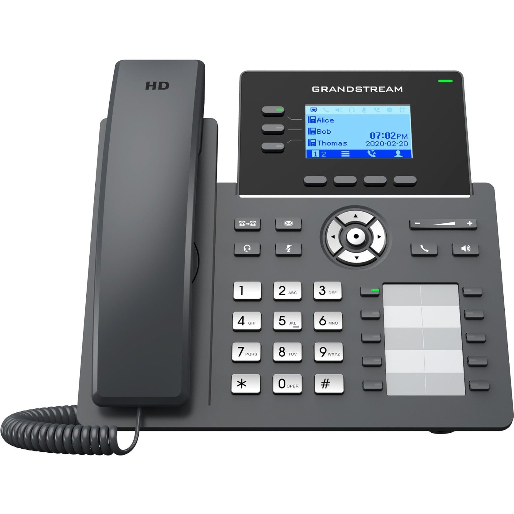 Front view of Grandstream GRP2604P IP phone with color LCD display showing contact list-alternate-image1