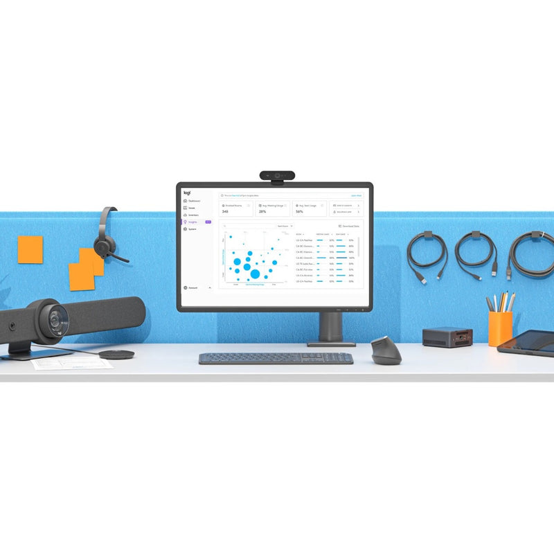 Logitech Rally Bar shown in office setting with analytics dashboard and accessories