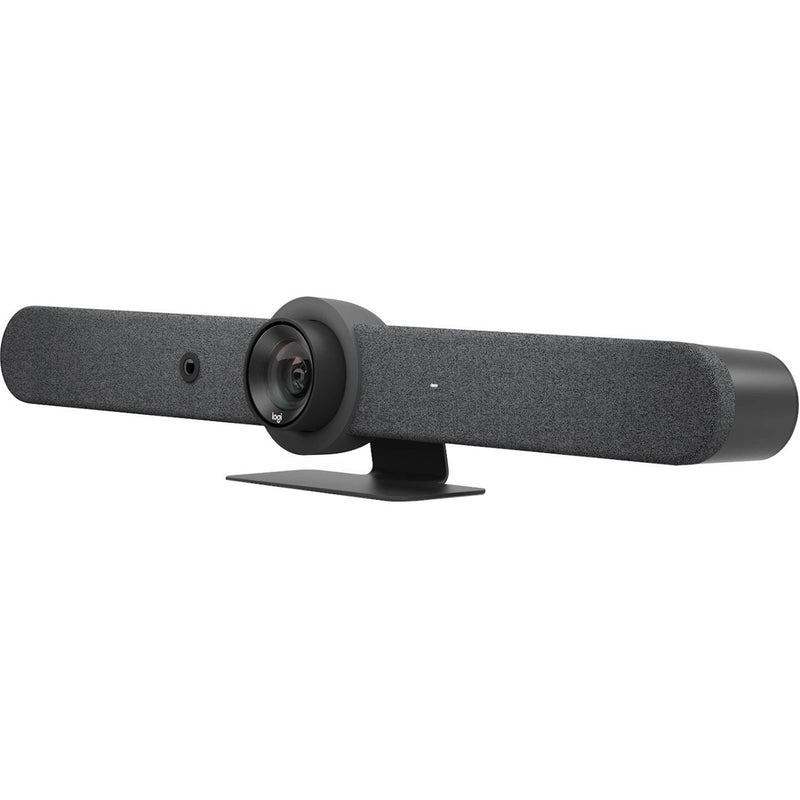 Front view of Logitech Rally Bar video conferencing camera in graphite color showing integrated camera and speaker system