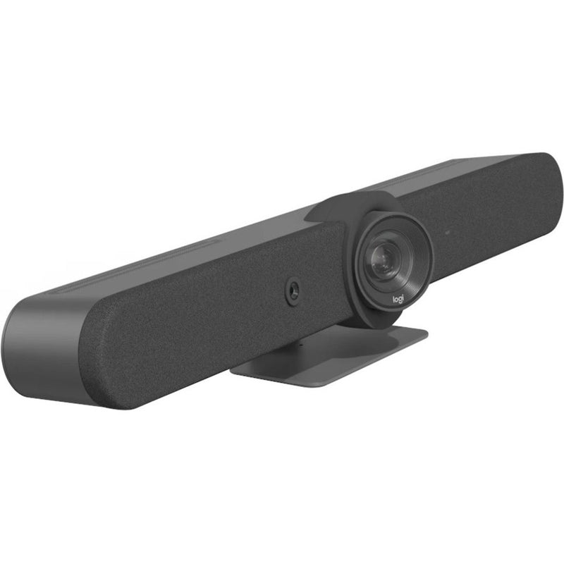 Angled view of Logitech Rally Bar showing camera lens detail