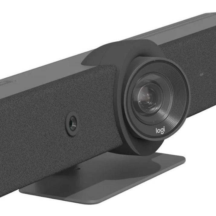 Detailed close-up of Logitech Rally Bar camera lens