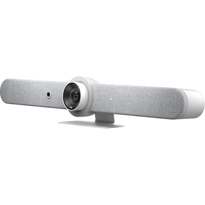 Logitech Rally Bar video conferencing system in white featuring integrated camera and speaker bar design