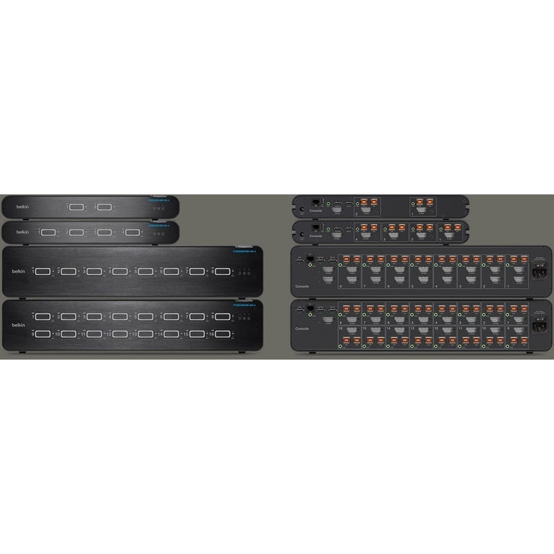 Product family comparison showing various Belkin secure KVM switch models and their port configurations