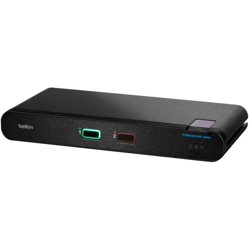 Angled view of Belkin secure KVM switch displaying illuminated LED indicators for active channels