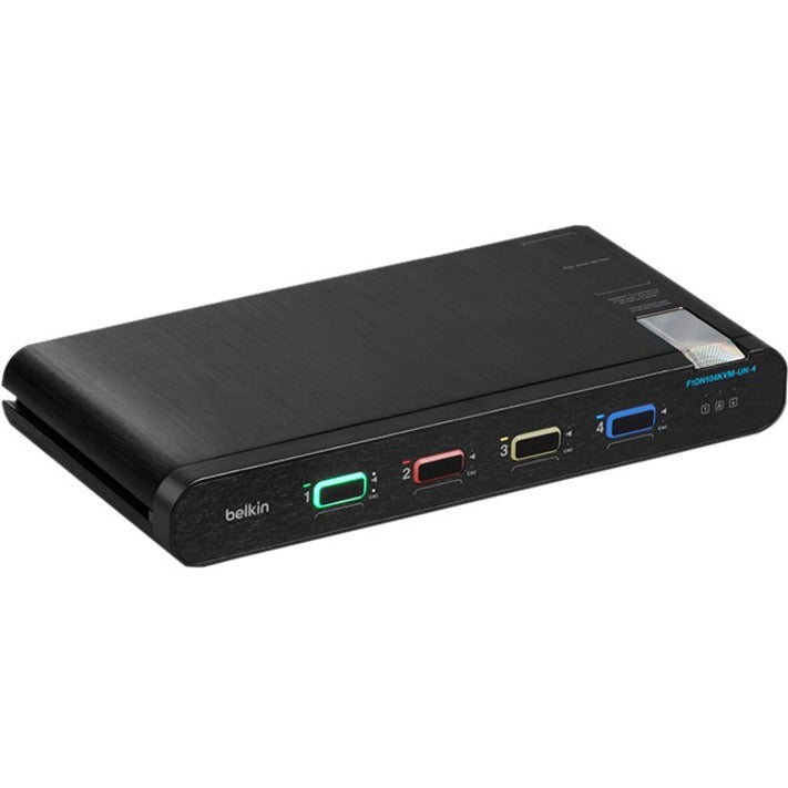 Angled view of Belkin Secure KVM Switch showing color-coded ports and sleek design