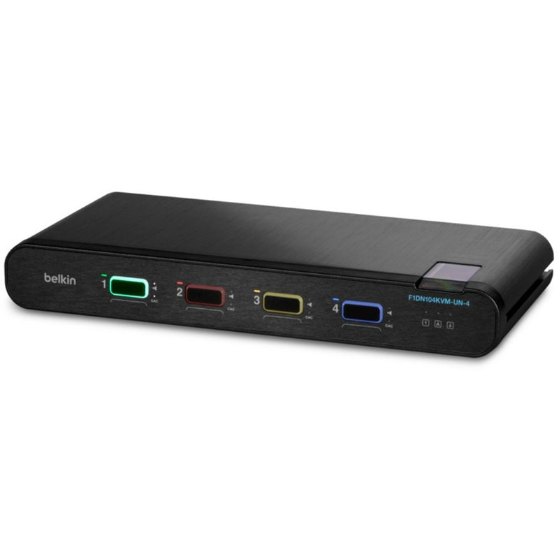 Front-facing view of Belkin Secure KVM Switch displaying illuminated port indicators and security features