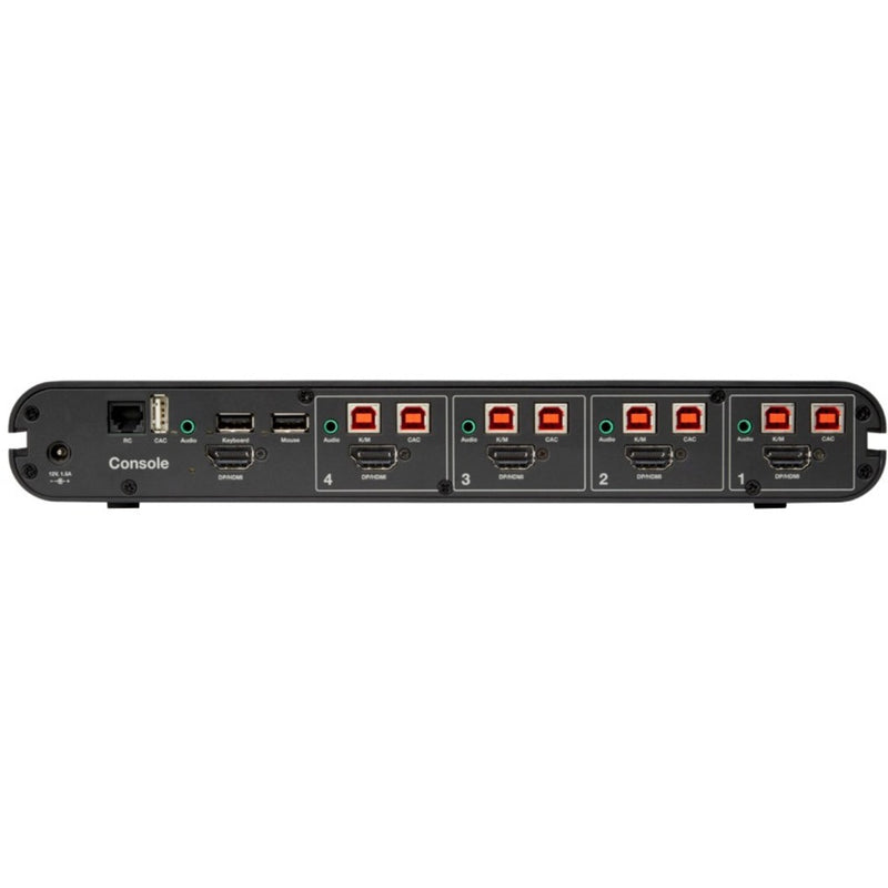 Rear view of Belkin Secure KVM Switch showing multiple input/output ports and console connections