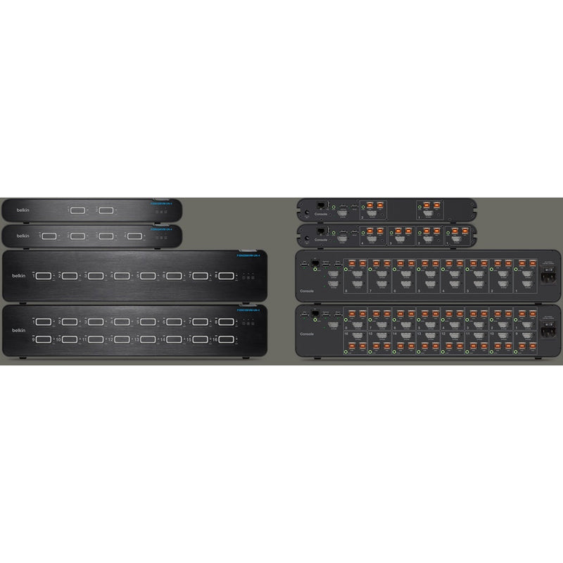 Product family overview showing multiple Belkin Secure KVM Switch models with varying port configurations