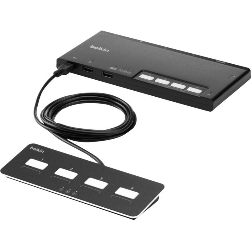 Angled view of Belkin KVM switch with connected remote control panel