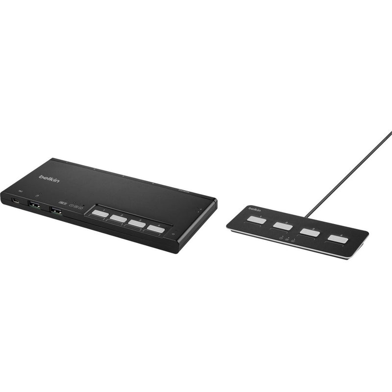 Angular view of Belkin KVM switch showing slim profile and remote control panel