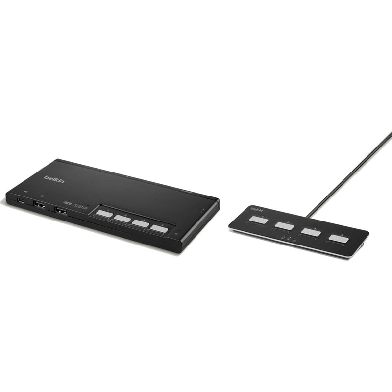 Side view of Belkin Secure KVM switch showing slim profile and remote control