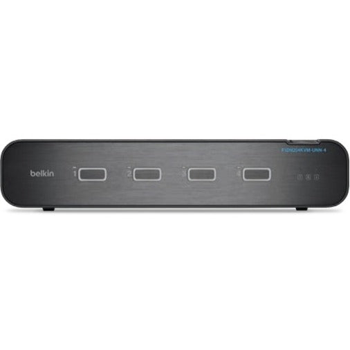 Belkin Secure KVM Switch front view showing four-channel selection interface with LED indicators and professional brushed aluminum finish