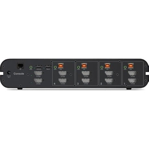 Belkin Secure KVM Switch rear panel displaying multiple DisplayPort/HDMI ports, USB connections, and dedicated peripheral interfaces for secure multi-computer control