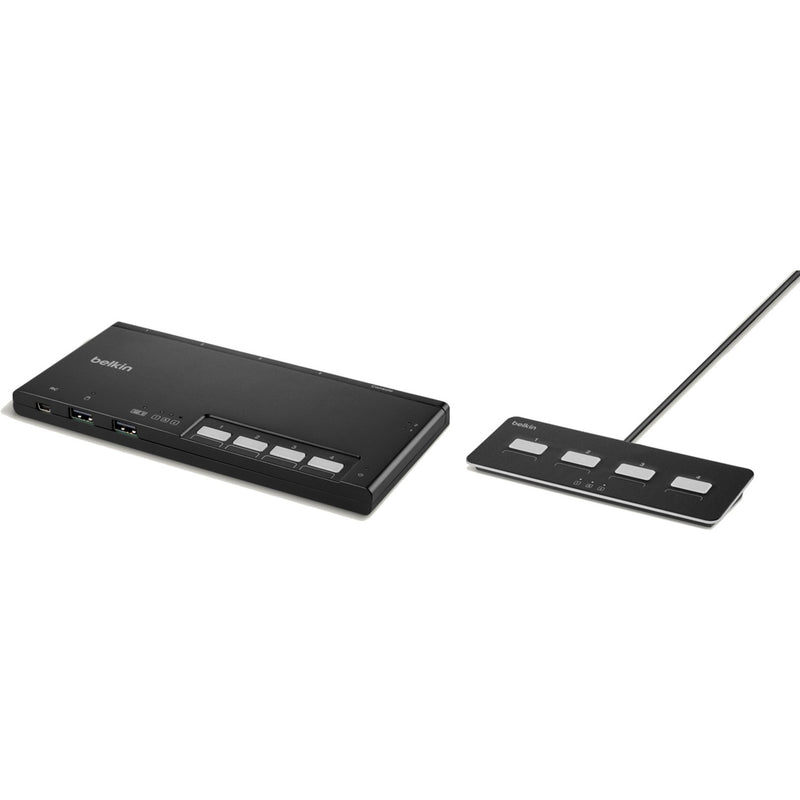 Angular view of Belkin Secure KVM switch showing slim profile design and remote control unit