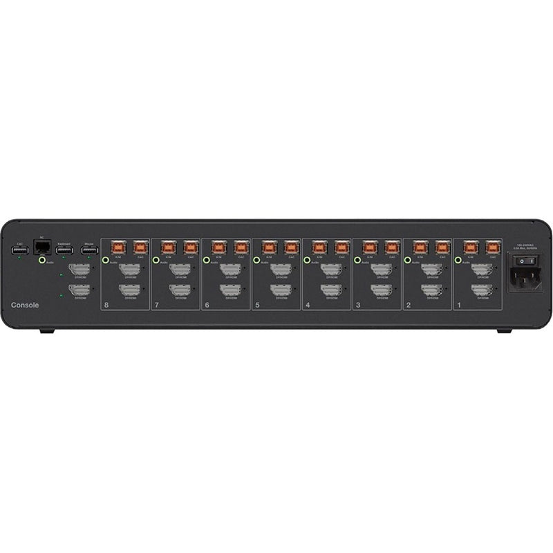 Rear view of Belkin Secure KVM Switch showing multiple DisplayPort, HDMI, USB, and CAC ports with LED indicators for 8 channels